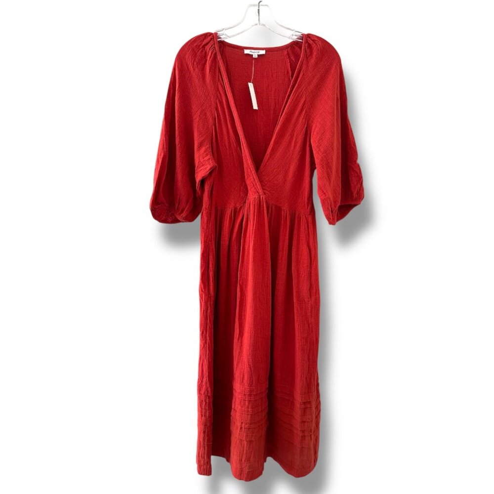 NWT Madewell Marianna Puff-Sleeve Midi Dress Orange Women's Size Medium Peasant - Picture 3 of 16
